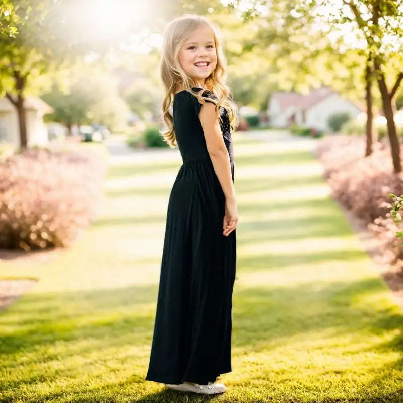 Sommer Mädchen Neue Einfarbig Kurzarm Langes Kleid Strand Party Geburtstag Casual Mode Zeigen Vielseitig A-Line Kleid – Detail 4