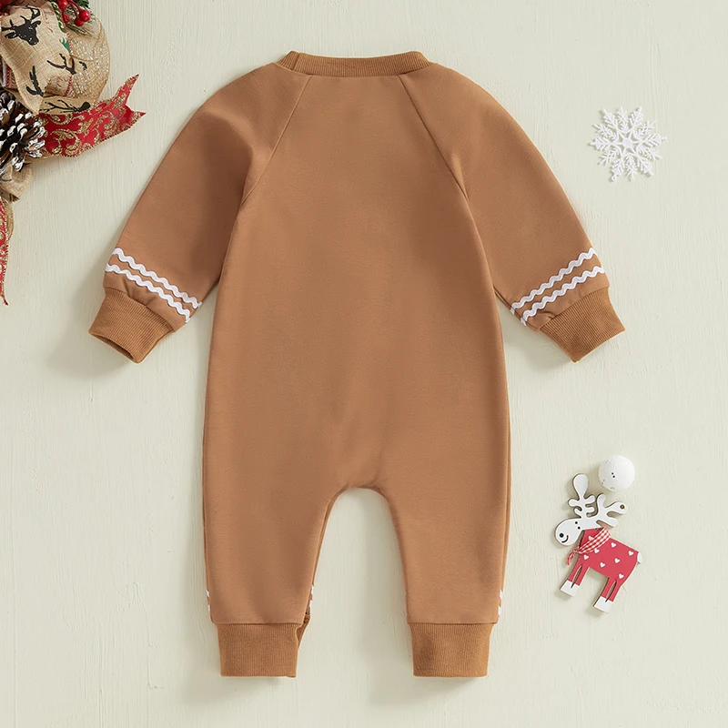 Newborn Baby Boy Girl Gingerbread Costume Round Neck Long Sleeve Full Length Romper Jumpsuit Fall Christmas Clothes