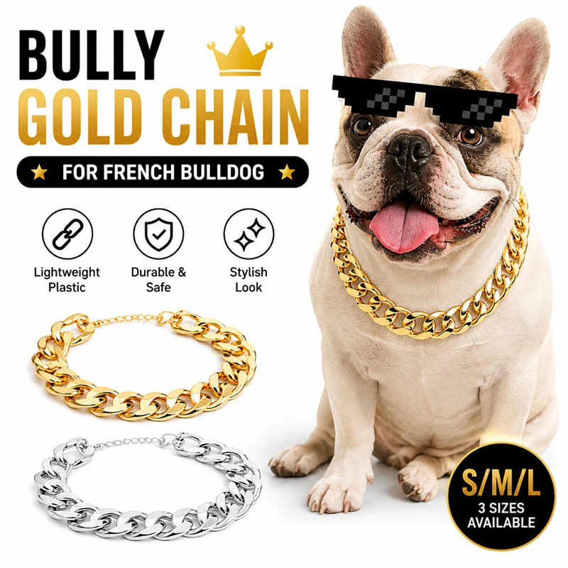 ABS Plastic Dog Collar Chain Diamond Inlay Sparkle Bulldog Necklace Cat Collars Pet Accessories Small Medium Large Dogs Golden