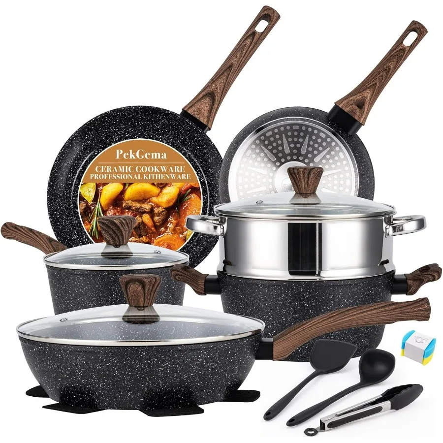 

14 Pcs Ceramic Cookware Sets Pots and Pans Set Nonstick Non Toxic Healthy Non stick Kitchen Cooking Set for Home Use Induction