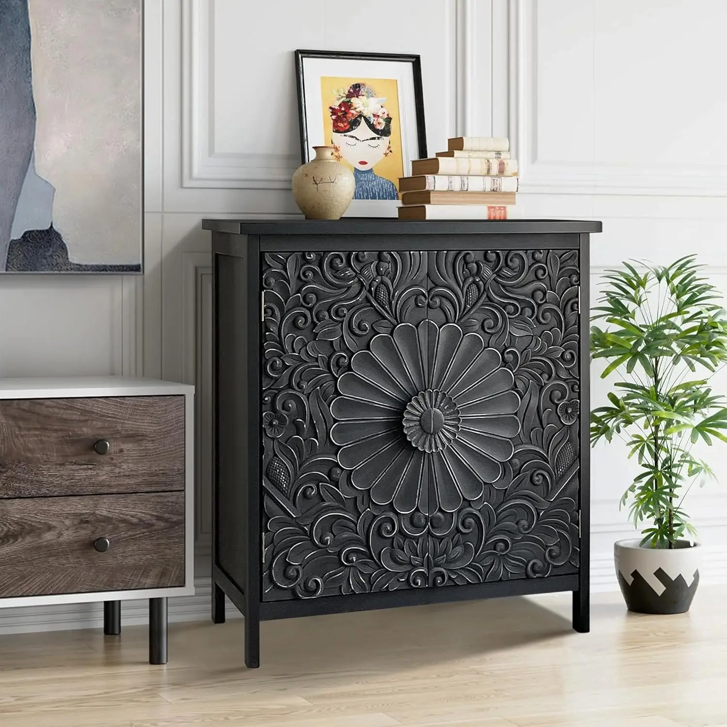 2-Door Accent Cabinet, Distressed Storage Cabinet With 2 Carved Doors And Wooden Frame For Entryway, Living Room, Black