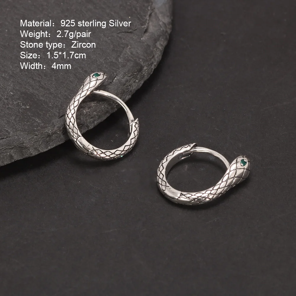 Vintage Fashion 925 Sterling Silver Snake Hook Earrings dla mężczyzn i kobiet Zircon Green Eyes Punk Hip Hop Biżuteria