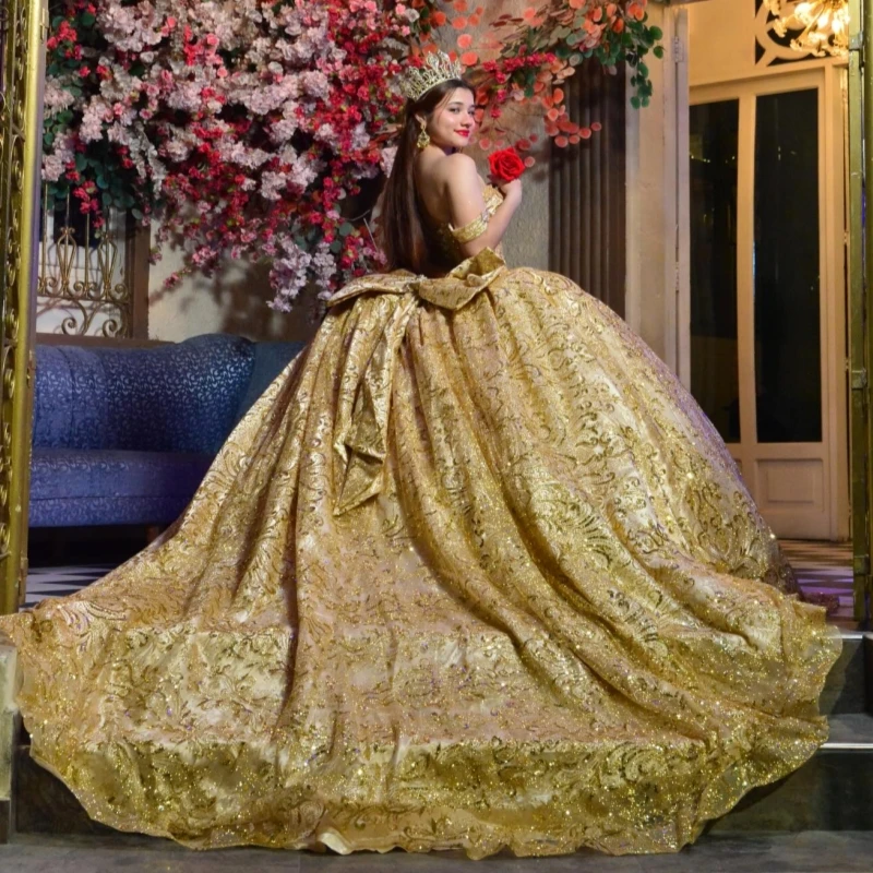 Champagner glänzende Quinceanera-Kleider, schulterfrei, Pailletten-Applikation, Spitze, Perlen, Schleife, Tüll, Korsett, Party, Geburtstag, süßes 16-Kleid