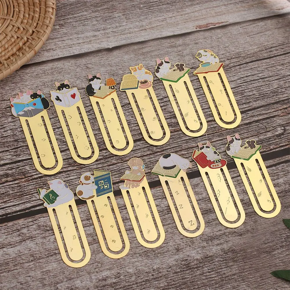 New Cute Cats Reading Book Gold-plated Metal Bookmark Cartoon Animals Bookmark Gift Stationery Book Folder School Supplies Gift