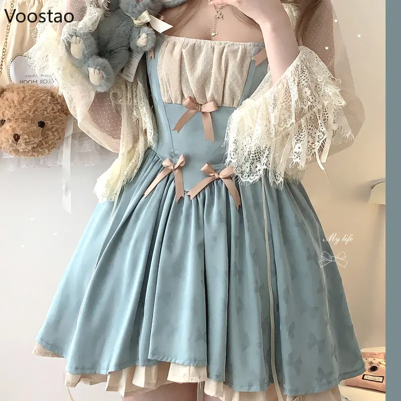 Japanese Kawaii Lolita Mini Dress Summer Women Sweet Satin Bow Sling Dress Gothic Girls Cute Y2k Sleeveless Straps Dress 2023