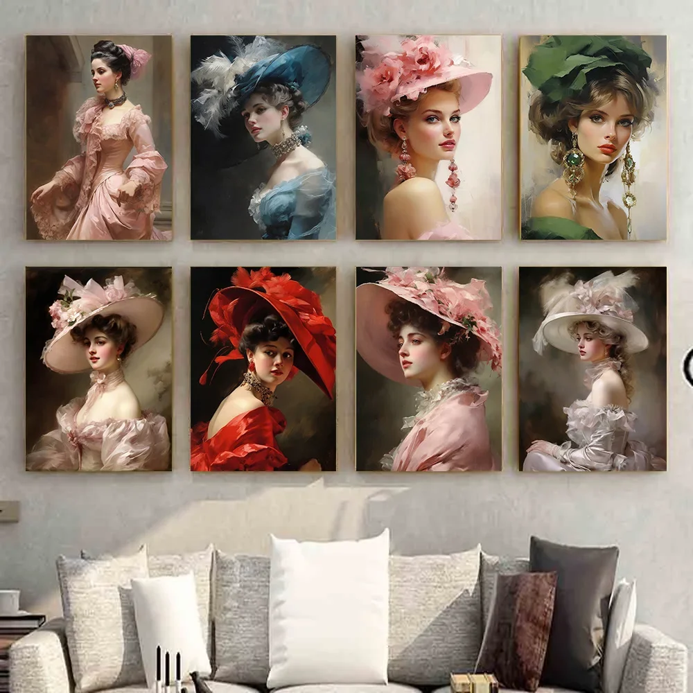 Elegant Vintage Woman In Large Hat Portrait Poster Print Wall Art Pictures Canvas Painting Living Room Bedroom Home Decor Gif