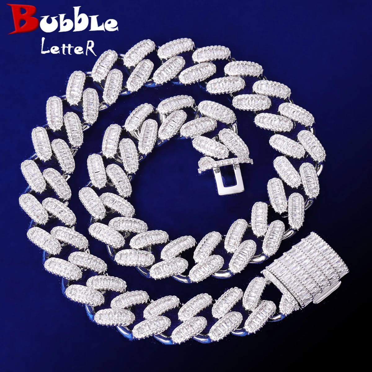 

Bubble Letter Iced Out 15mm Miami Cuban Link Chain for Men Micro Pave Prong Setting Baguette Choker Necklace Hip Hop Jewelry