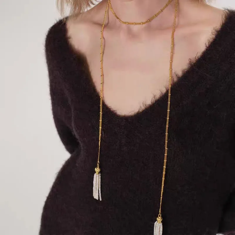 

New Fireworks White Fritillary Beaded Tassel Necklace Jewelry Light Luxury Niche Long Neck Chain High Sense Necklace Jewelry