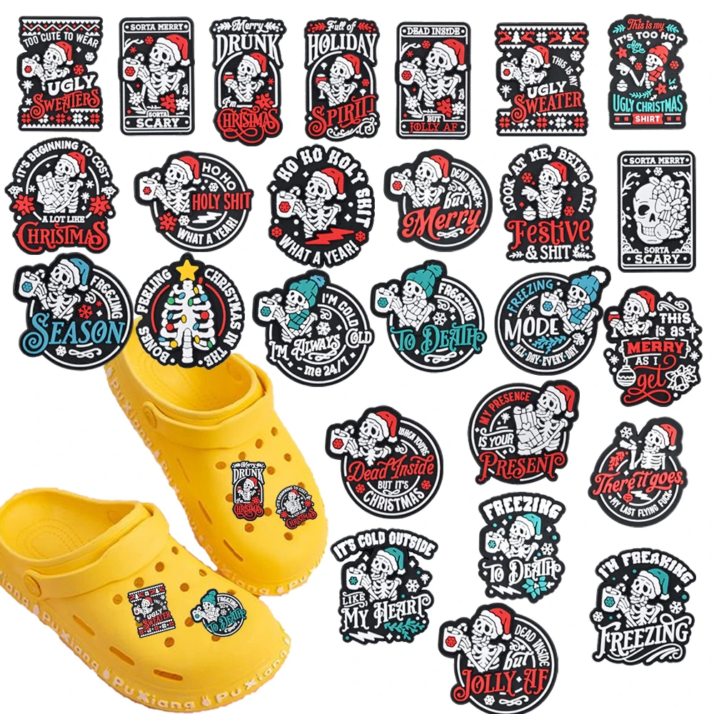 26-100 Peças de Acessórios de PVC para Calçados com Tema de Caveira de Natal, Criativos e Estilo Cartoon, Adequados para Sapatos com Furos e Bolsas de Praia, Presentes DIY para Festas