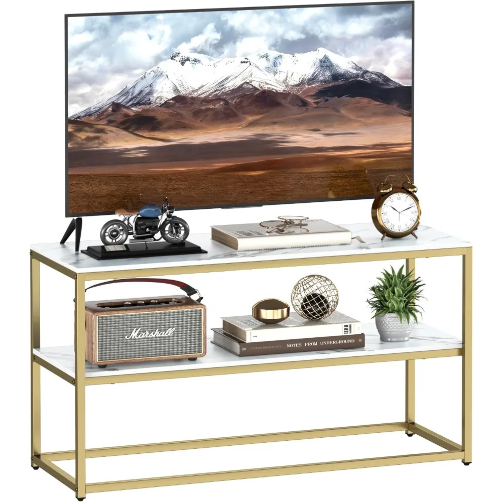 

Function Home TV Stand for TVs up to 50 Inch, 3 Tier Entertainment Center, Modern TV Cabinet with Marble Top and Gold Metal Base
