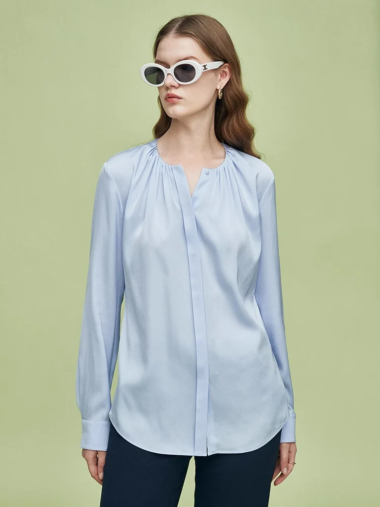 SuyaDream, Women Solid Shirts, 92.4%Real Silk, Round Collar, Solid Chic Blouses, 2024 Spring Summer Office Lady Top, White, Blue