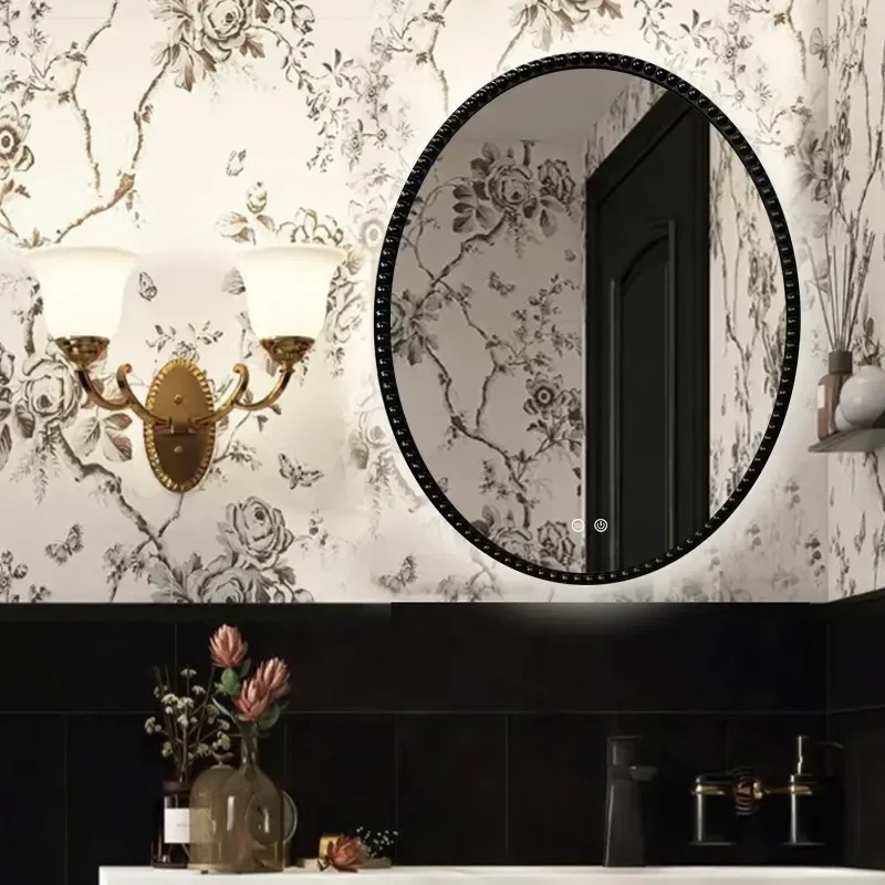French Oval Wall Mounted Bathroom Mirror Smart LED Makeup Mirror for Home Bedroom Dressing Area Modern Decorative Hanging