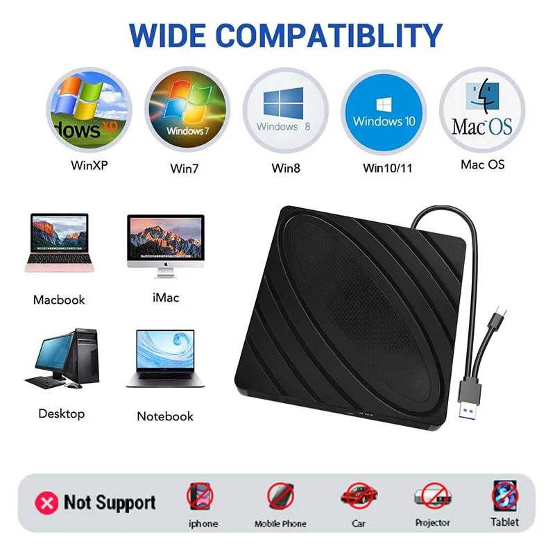 ​External Blu-ray Optical Drive Potable 3D Bluray Burner CD DVD RW Player Recorder for Laptop PC Computer Windows 10 11 Mac