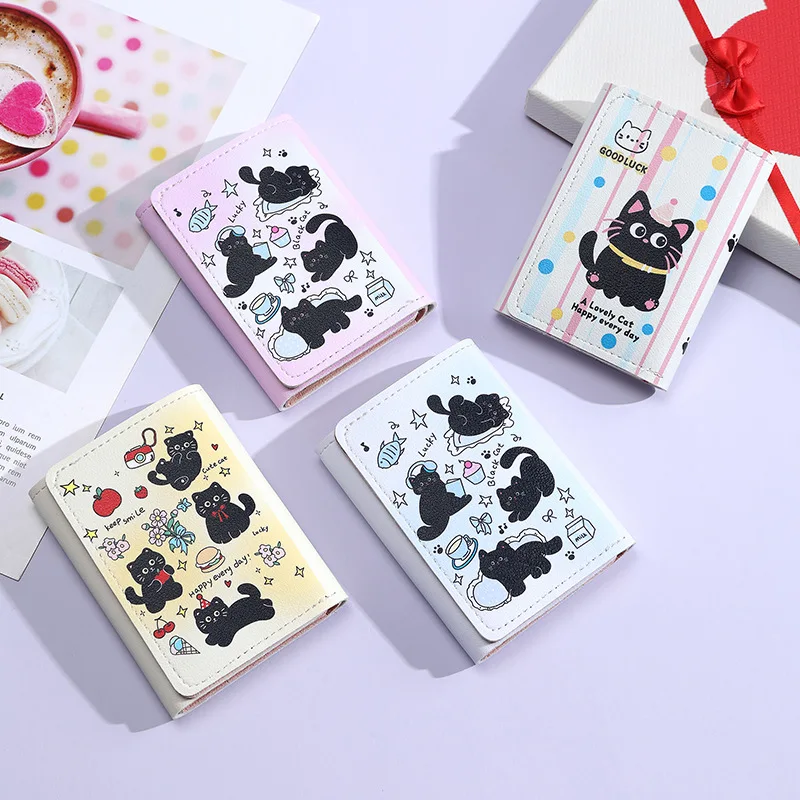 

Милый кошелек с черным котом, держатель для карт с рисунком котенка, искусственная кожа, мультяшный кот, сумка для карт с несколькими отделениями для карт и пряжкой, кошельки для монет