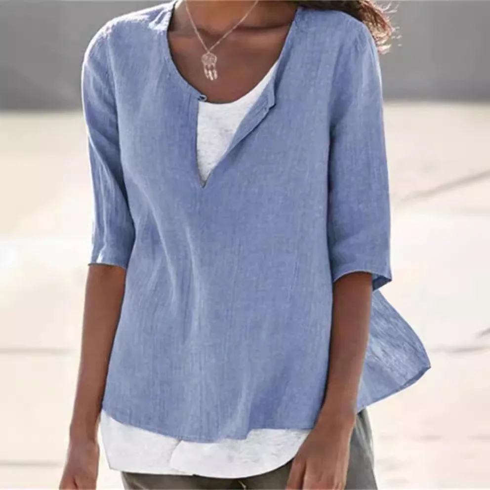 New Summer Autumn Women's Linen Cotton T-shirts Solid Color V Neck Top Casual Loose Long Sleeve Lightweight Pullovers