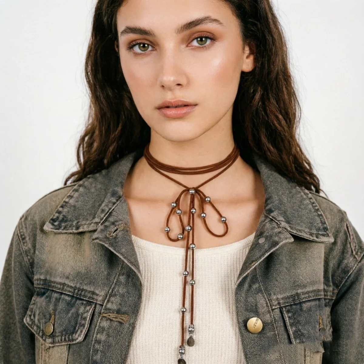 Trendige mehrschichtige Samt-Kordel-Schleifenkette für Damen und Herren, Retro-Western-Ästhetik, runde Perlen, Schleifenknoten-Choker-Schmuck. – Detail 16