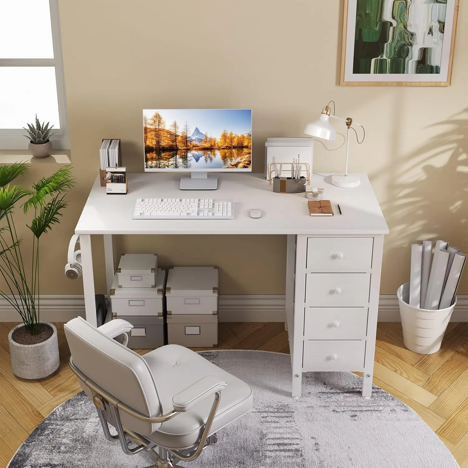 Small White Desk with Fabric Drawers, 40 Inch Kids Girls Teen Cute Study Desk for Bedroom Work, Computer Writing  Home Office