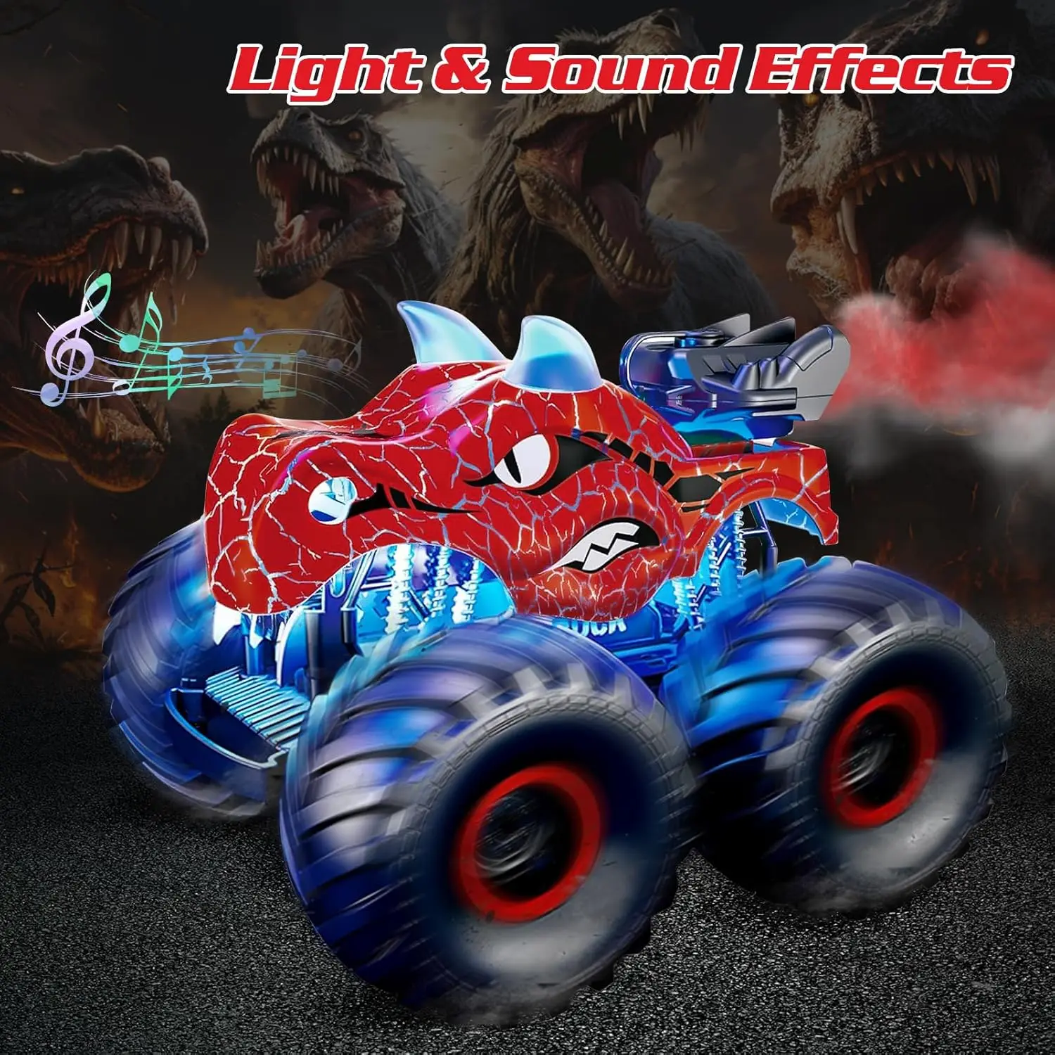 Camión de dinosaurio monstruo, coche teledirigido, juguete para niños, coche de juguete RC de 2,4 GHz con luz, sonido, pulverizador, juguete RC todo terreno