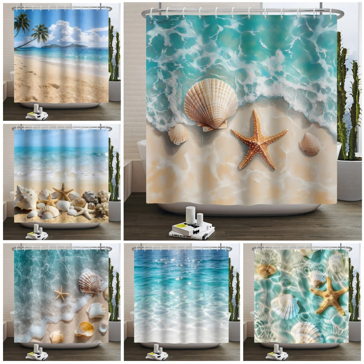 

Beach Ocean Waves Shower Curtain Seashell Starfish Print Waterproof Fabric Bathroom Curtains Home Decor With 12 Hooks Included