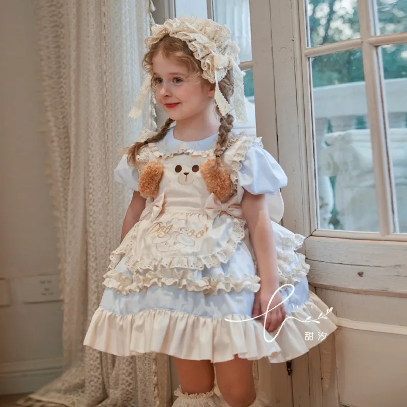 Hanmade Girls Short Sleeve Lolita Princess Dress Children's Girl Treasure Cute Trouser Two-piece Tide Wedding Costume for Girls