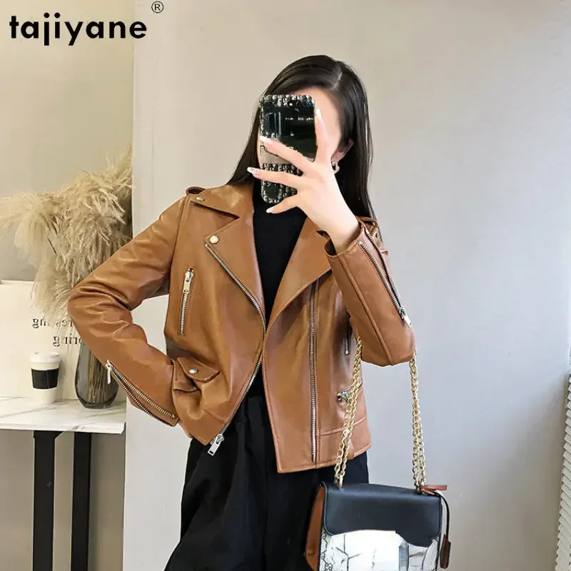 Tajiyane Echt lederjacke Frauen Vintage Echt Schaffell Mantel für Frauen kurze schlanke Lederjacken braune Mäntel Streetwear