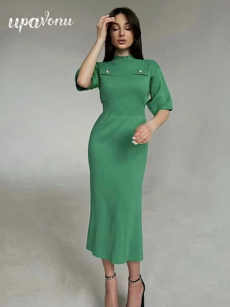 

2024 Elegant Women Knitted Dress Stand up Neck Short Sleeve Bodycon Midi Dress Fashion Celebrity Cocktail Evening Party Vestidos