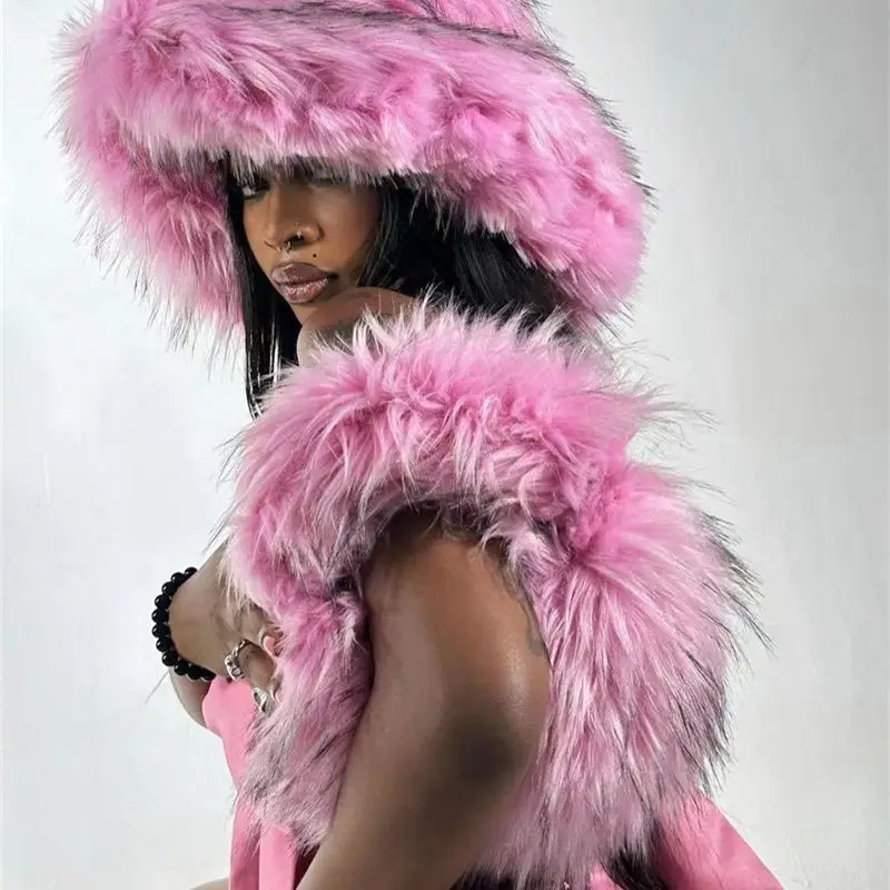 European and American big brim hat Women\'s winter wool warm thickened imitation raccoon dog hat hat Bucket hat bucket hat women