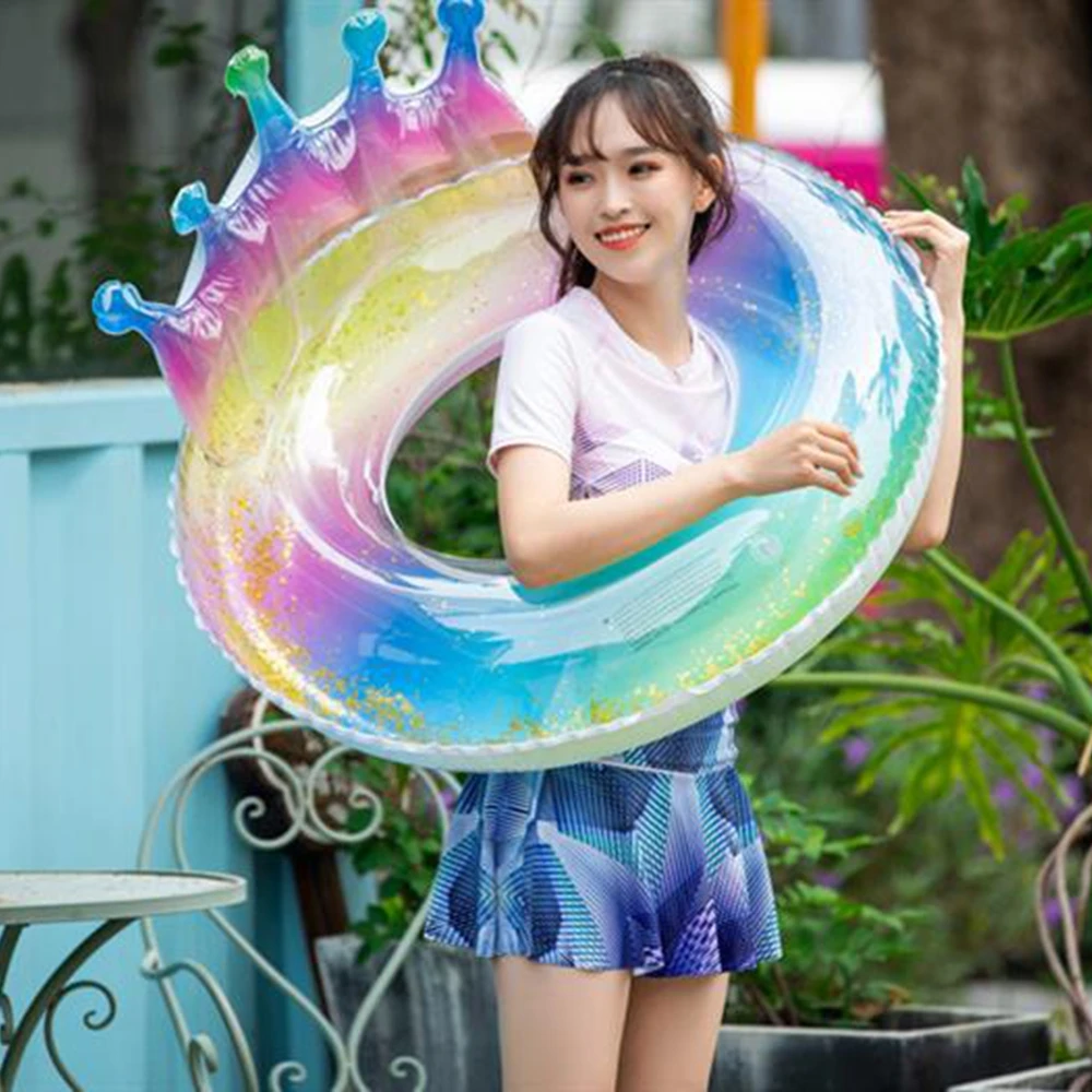 1PC Luxury Rainbow Mermaid and Crown Swim Ring Inflatable Glitter Pool Float Transparent Tube Fashion Summer Beach Party Float