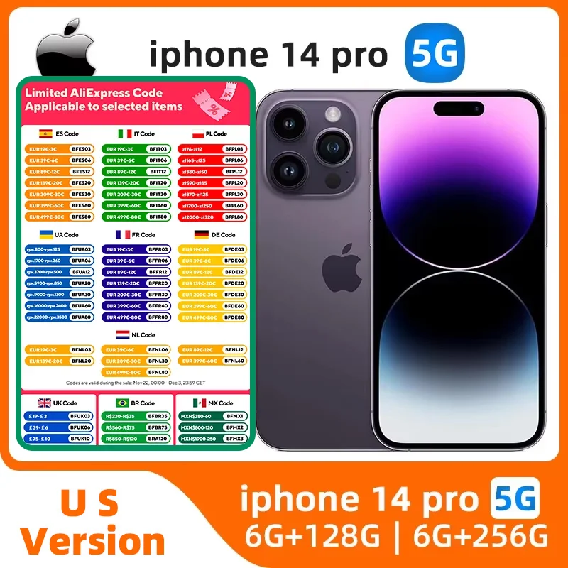 Apple-iPhone 14 Proスマートフォン,中古携帯電話,a16,6.1インチ,128 GB, 256 GB, 512 GB, 1T,iOS,48MPカメラ,CPU