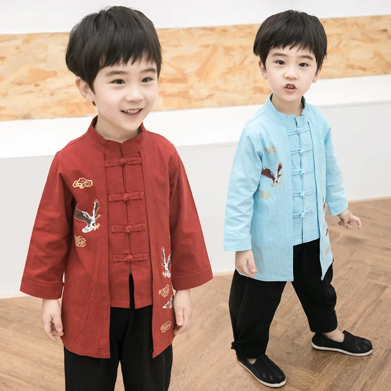 

New Boys Chinese Style Vintage Button Printing Autumn Tang Suit Traditional Ancient Hanfu Two Piece Set Role Play Kid Costume