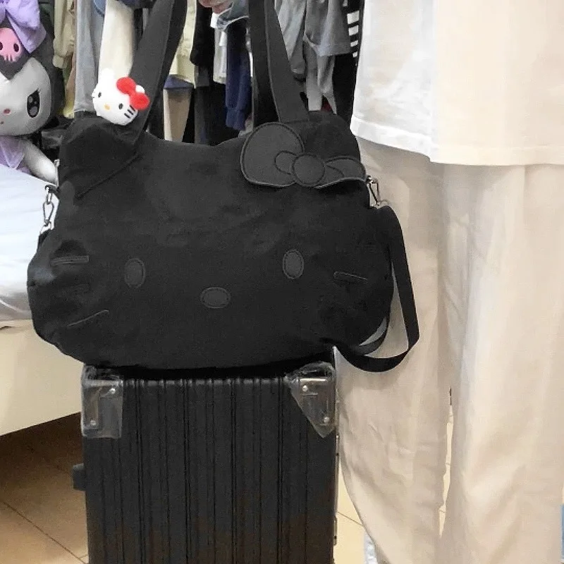 Sanrio Hello Kitty Black Tote Bag Cartoon KT Short Trip Travel Handbag Large Capacity Crossbody Bag Women Big Gym Bag