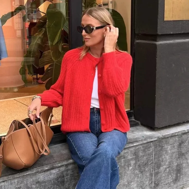 

KIDCRKJ Универсальный женский весенний трикотажный кардиган с круглым вырезом, на пуговицах, свободного кроя, короткий, повседневный, для женщин