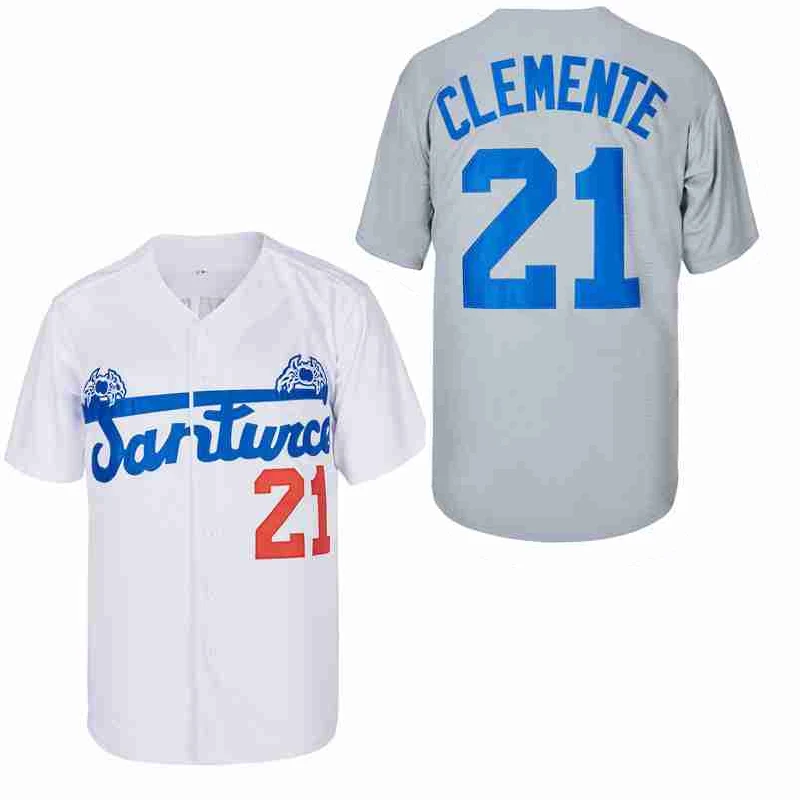 Baseball Jersey Santurce Crabbers Puerto Rico 21 Clemente Jerseys Costura Bordado Esportes Outdoor Alta Qualidade Branco Cinza Novo