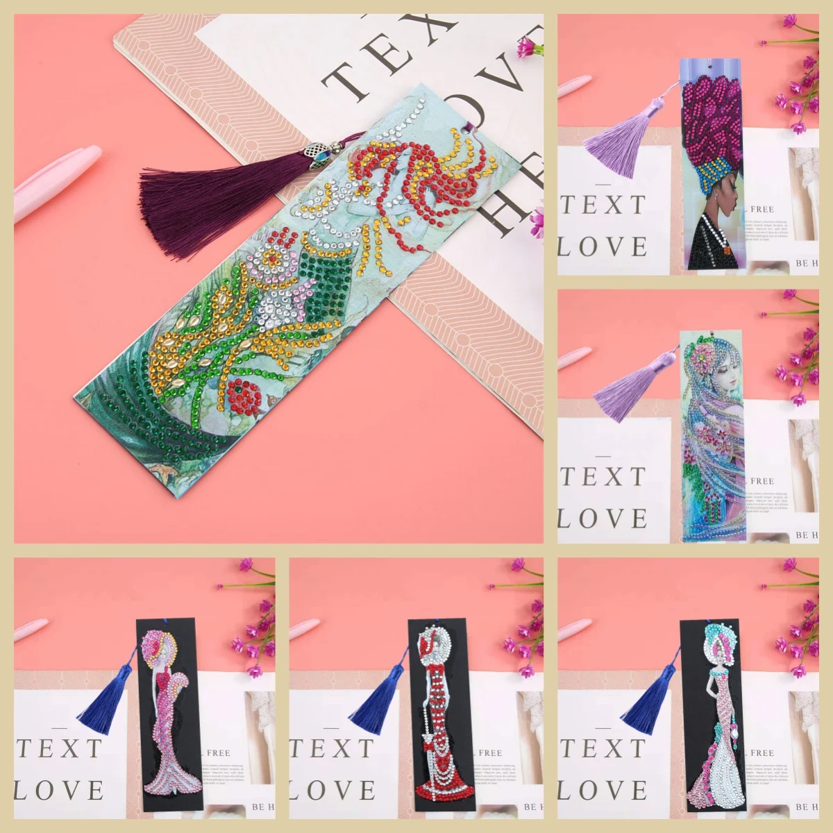 1 DIY beauty pattern diamond art painting set, PU leather tassel pendant bookmark, suitable for study and book supplies