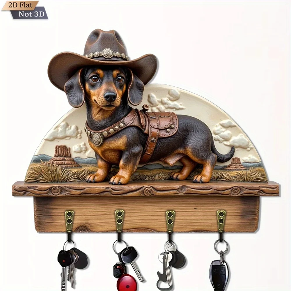 2D Flat Design, 1pc, Western Cowboy Dachshund Themed Wall Clock, Wooden Multi-Functional Home Key Holder with Four Metal Hooks,