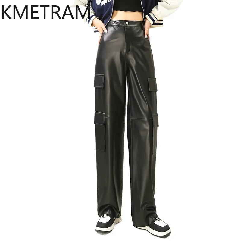 KMETRAM Natural Genuine Leather Pants Women Clothes Autumn Sheepskin Wide Leg Pants High Waisted Trousers Woman 2024 Pantalones