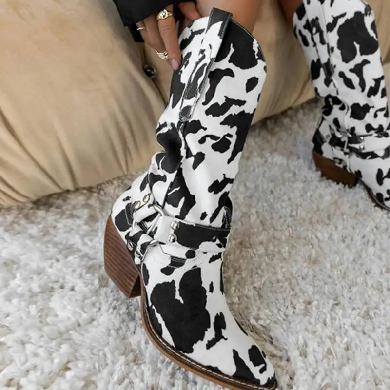 

Western Boots Chunky Heels Pointed Toe Cow Print Women's Mid Calf Boots Slip On Shoes