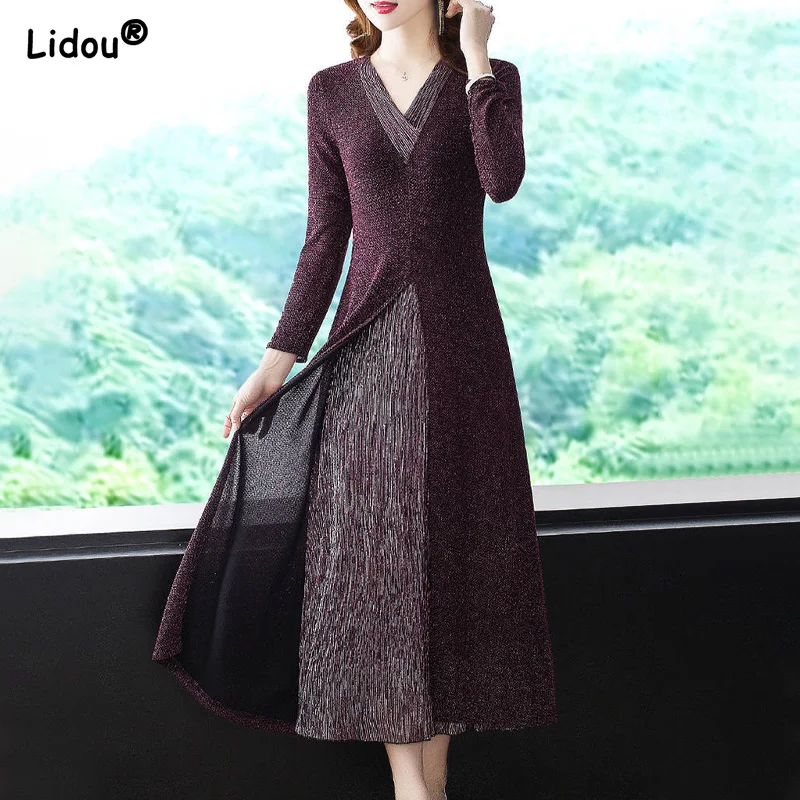 

Fashion Elegant New Solid Color Patchwork V-neck Long Sleeved Dress Autumn Winter Empire Vintage Slim Women's Clothing 2022