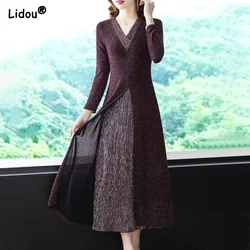 Fashion Elegant New Solid Color Patchwork V-neck Long Sleeved Dress Autumn Winter Empire Vintage Slim Women's Clothing 2022