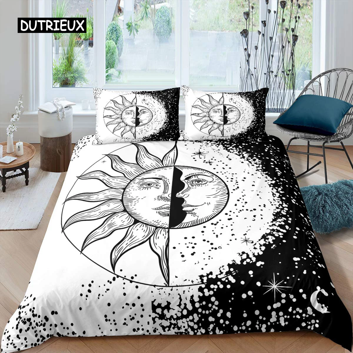 

Sun Moon Duvet Cover Set Queen Microfiber Bohemian Black and White Print Yin Yang Comforter Cover Galaxy Star Twin Bedding Set