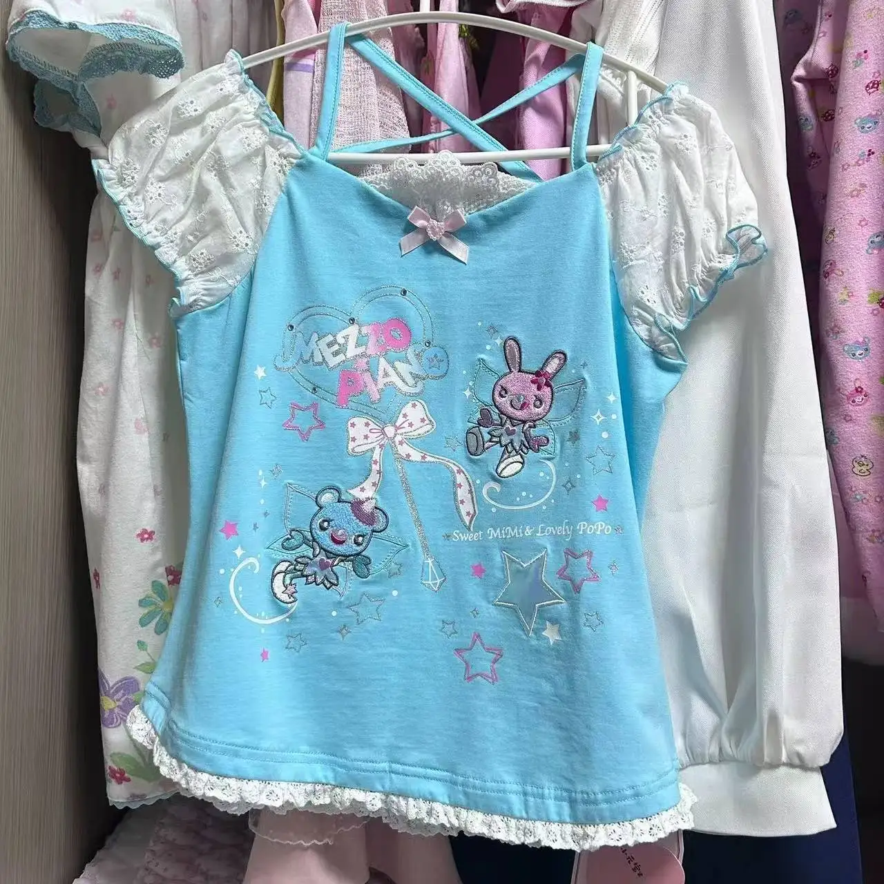Japanisches Harajuku Lolita T-Shirt für Damen, Y2K Fairy Grunge Rüschen-Patchwork-Oberteil, Süßer Kawaii-Stil, Tägliches Casual-Outfit für Frauen