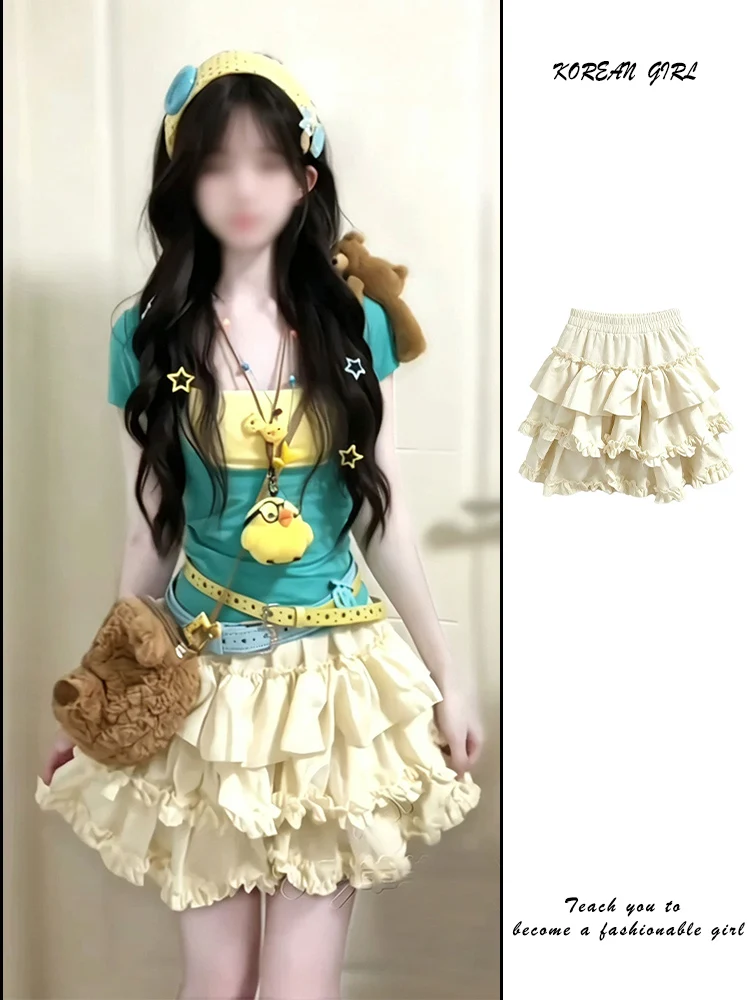 Y2K Pumpkin Skirt Ruffle Half-length Women's Summer Style Cake Skirt Slimming Fluffy Design Casual Breathable High-waisted A-...