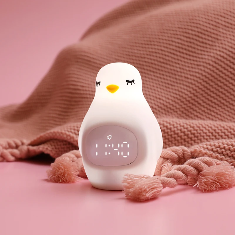 F2 Silicone LED Night light Alarm Clock digital kids sleep Built In USB Rechargeable Battery Lighting Cute Penguin Night Lamp