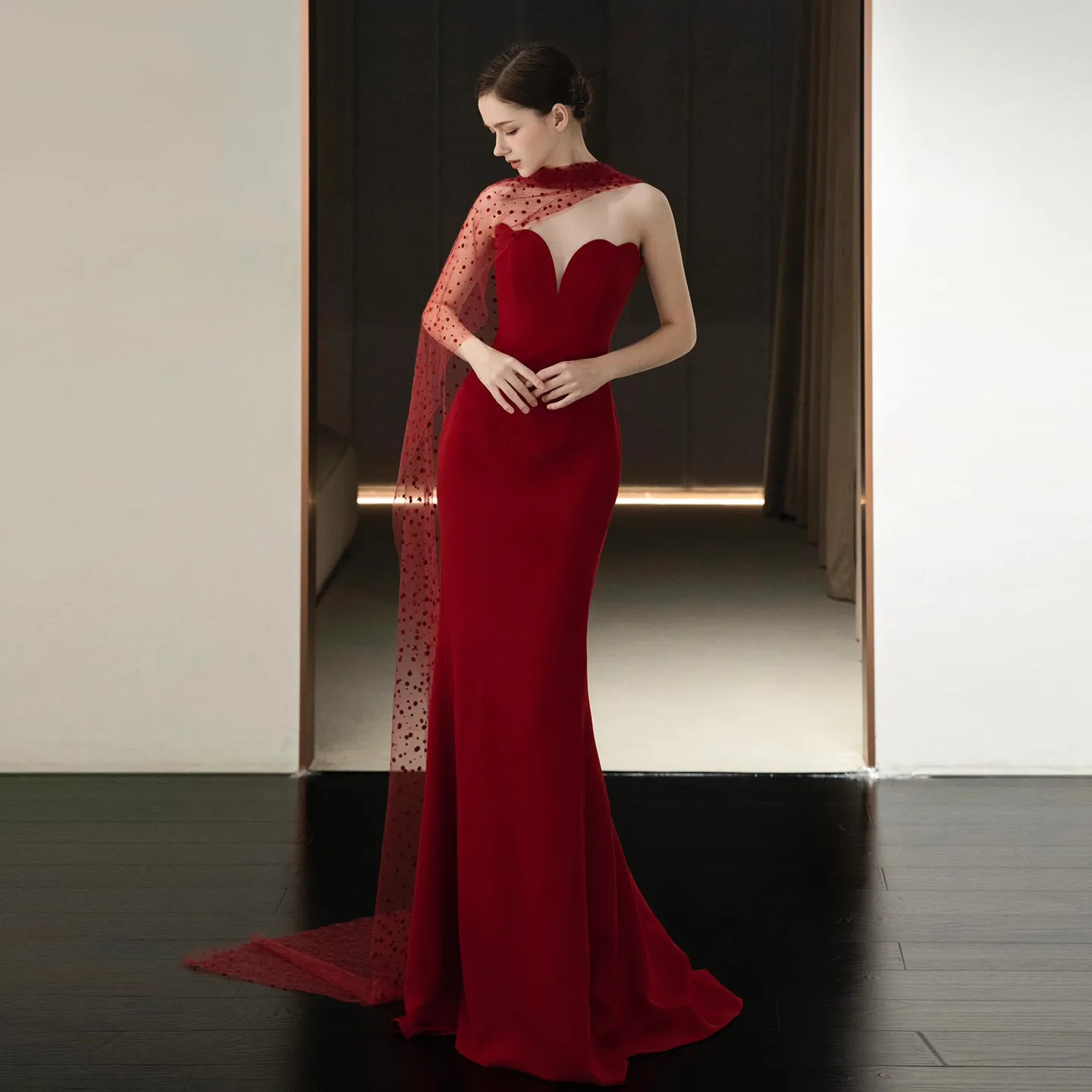 

Вечернее платье цвета красного вина с силуэтом «рыбий хвост» для свадьбы, церемоний и торжеств, роскошное, новая коллекция Весна 2026