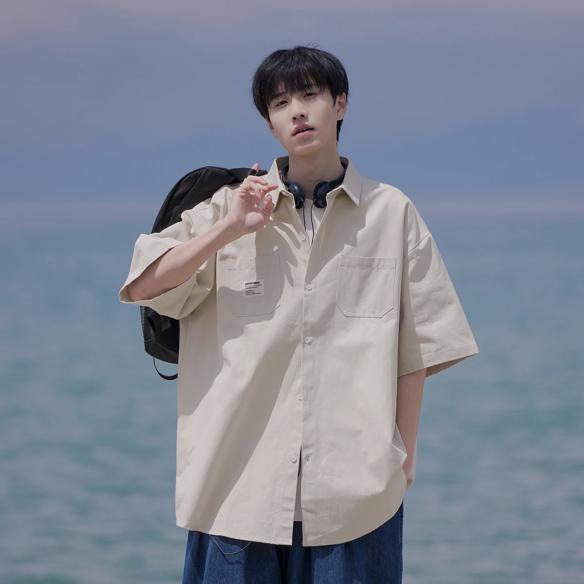 

Мужская летняя тонкая рубашка свободного кроя с воротником, модная брендовая повседневная, с эффектом высокого класса, молодежная, с пуговицами