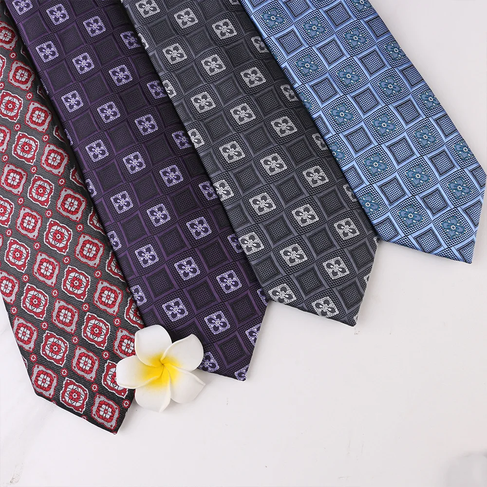 

Men's casual trendy polyester silk floral checkerboard 7cm hand tie with round dots navy red in stock