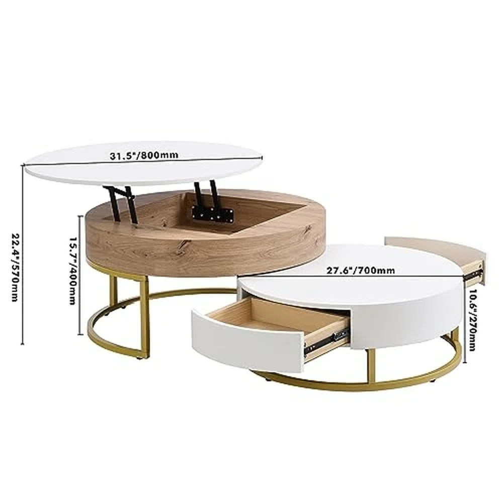 Modern Round Lift top Nesting Coffee Tables with 2 Drawers Multiple End Tables Utility Table Dining Table for Living