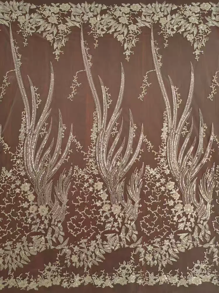 Pizzo da sposa da donna in tessuto con paillettes lucide con perline bianche ricamate floreali di alta qualità