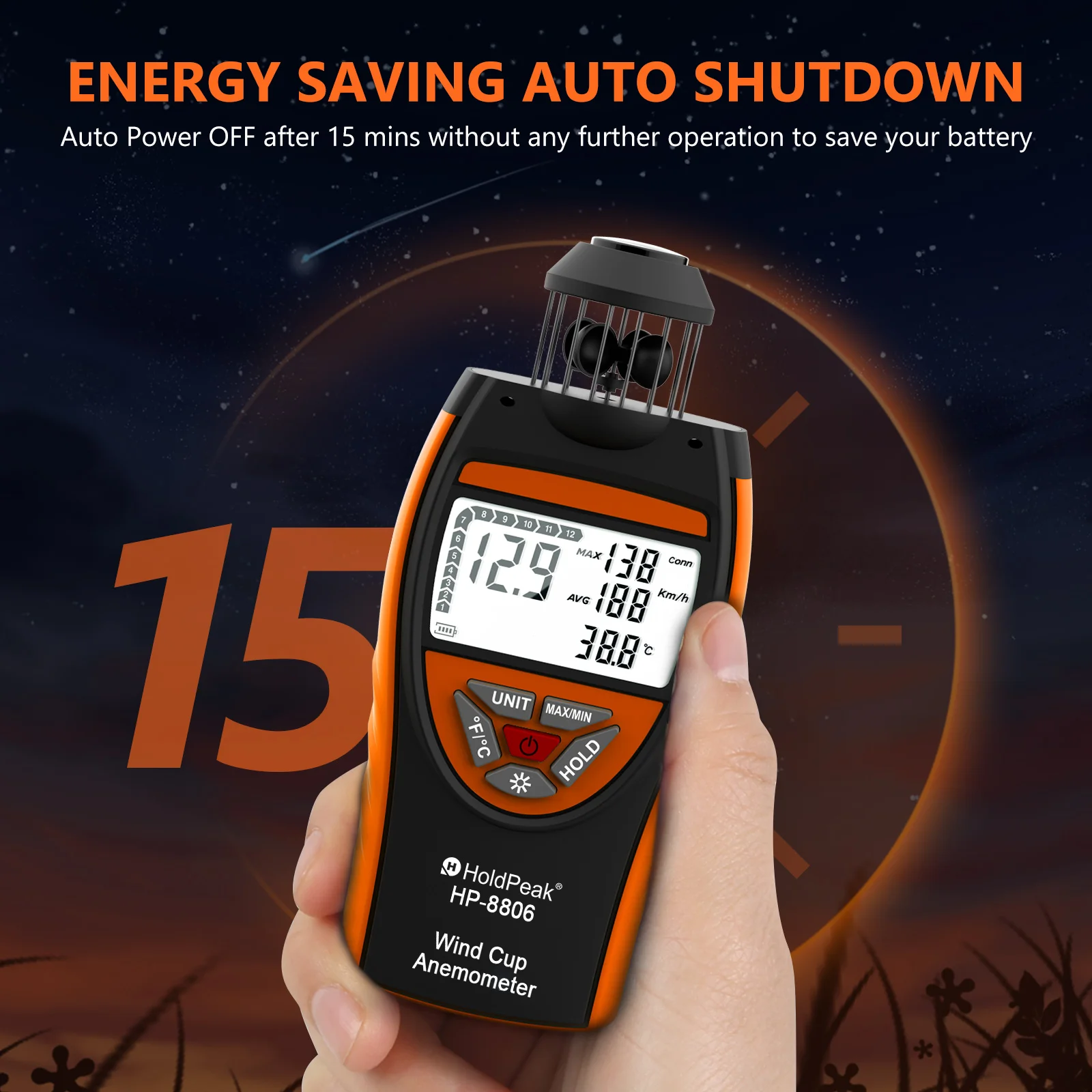 Windbeker-anemometer, weergave van windtemperatuur, windsnelheid/richting/HVAC-weermonitoring met kompas