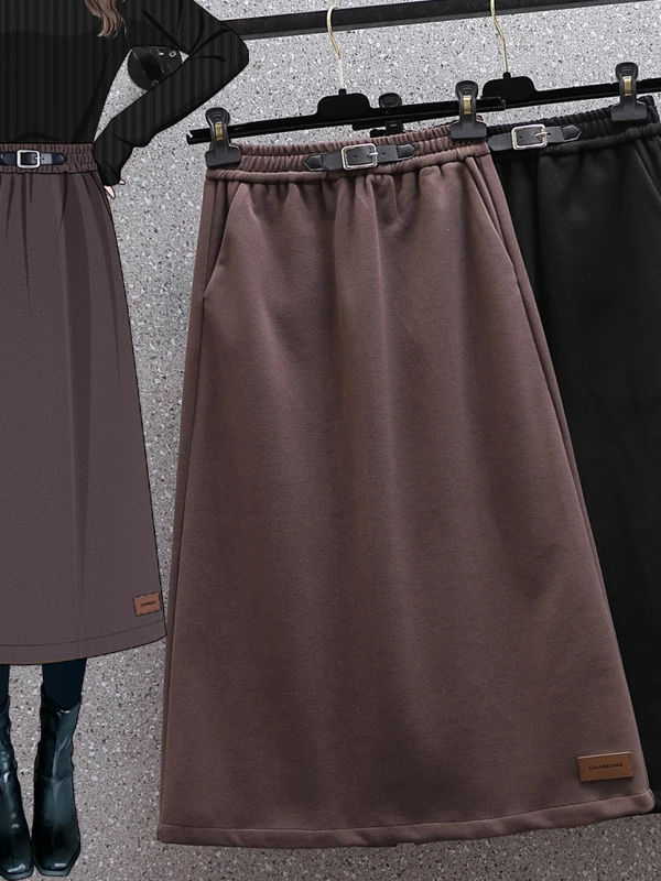 تنورة شتوية أصلية من الصوف بطبقة أساسية فضفاضة للتنحيف وتصميم طويل وغطاء للبطن ومطرز بخصر متوسط